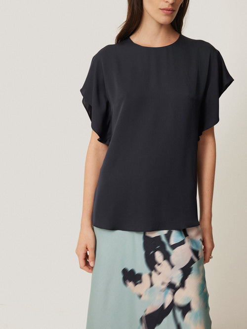 Silk Drape Sleeve Top | Navy