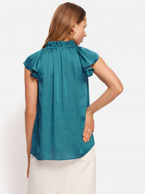 Recycled Satin Frill Neck Top | Blue