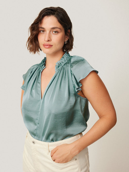 Recycled Satin Frill Neck Top | Green