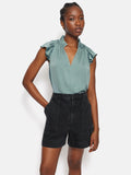 Recycled Satin Frill Neck Top | Green