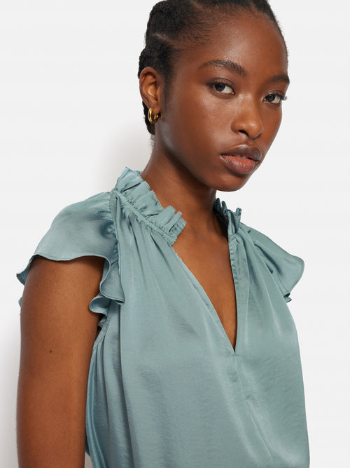 Recycled Satin Frill Neck Top | Green