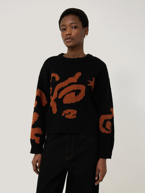 Cotton Motif Intarsia Jumper | Black