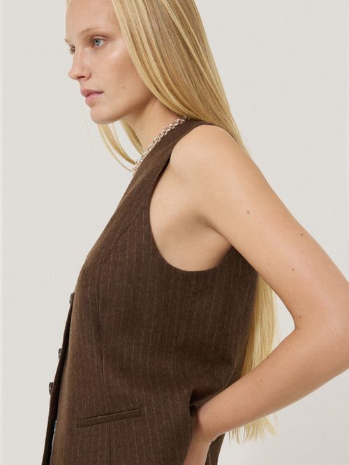 Wool Pinstripe Waistcoat | Brown