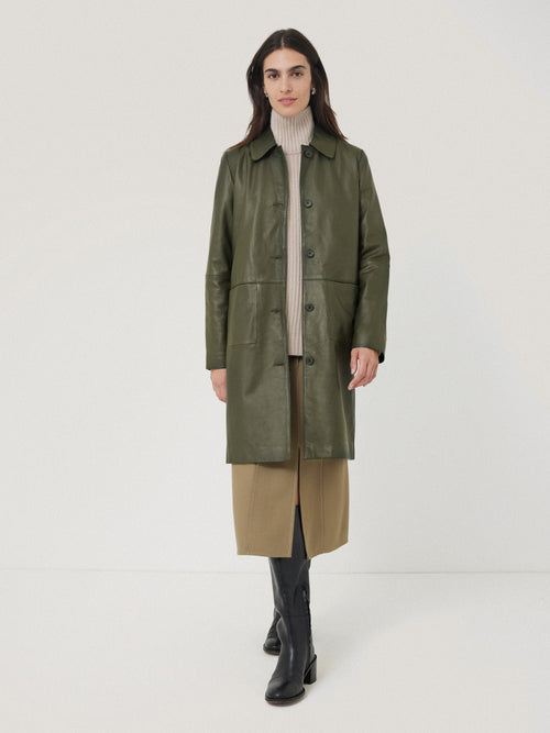 Leather Knee Length Coat | Green