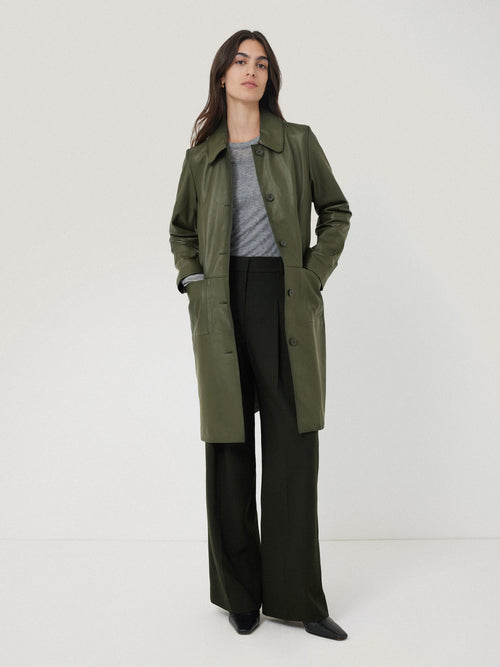 Leather Knee Length Coat | Green