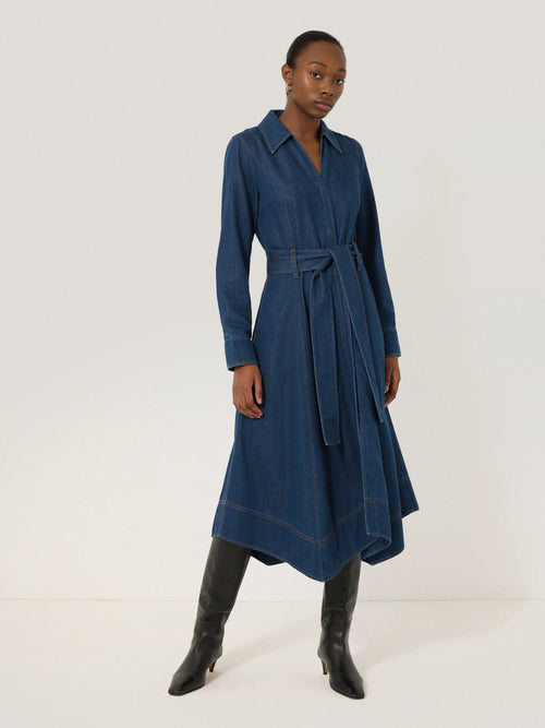 Fluid Denim Belted Shirt Dress | Indigo