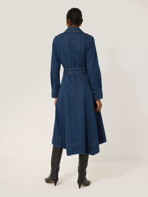 Fluid Denim Belted Shirt Dress | Indigo