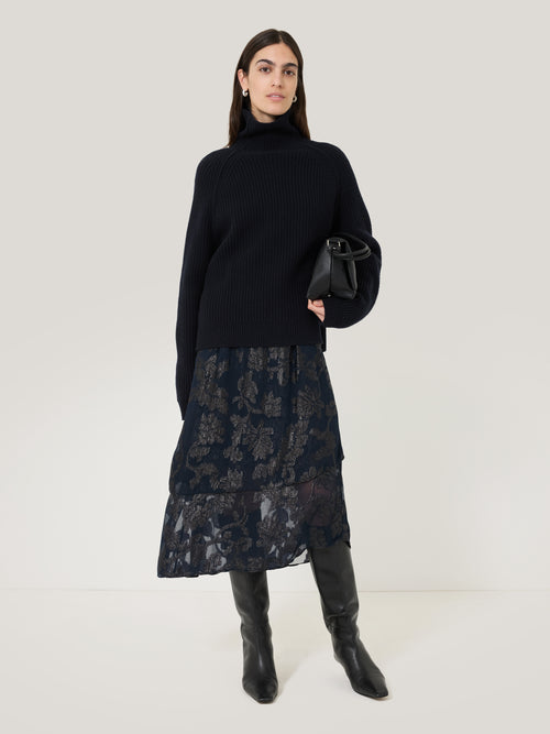 Metallic Jacquard Midi Skirt | Navy