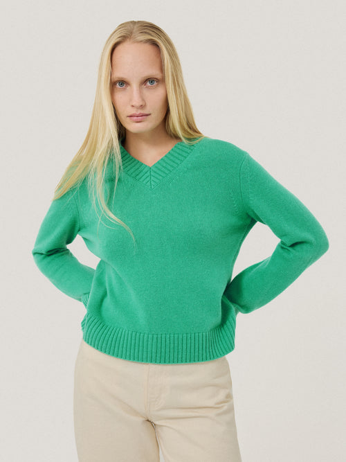 Wool Cashmere Blend V Neck | Green