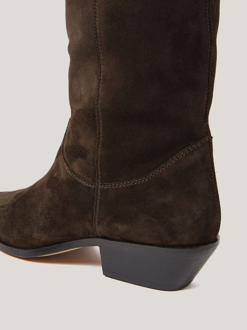 Suede Knee High Western Boot | Chocolate