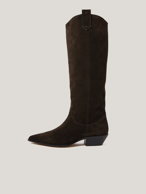 Suede Knee High Western Boot | Chocolate