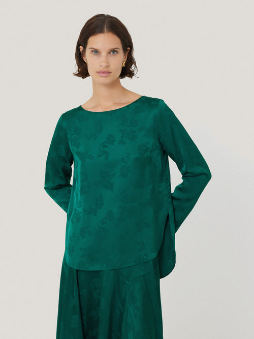 Floral Jacquard Boat Neck Top | Green