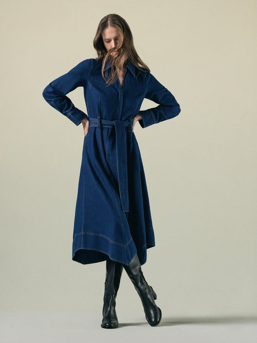 Fluid Denim Belted Shirt Dress | Indigo