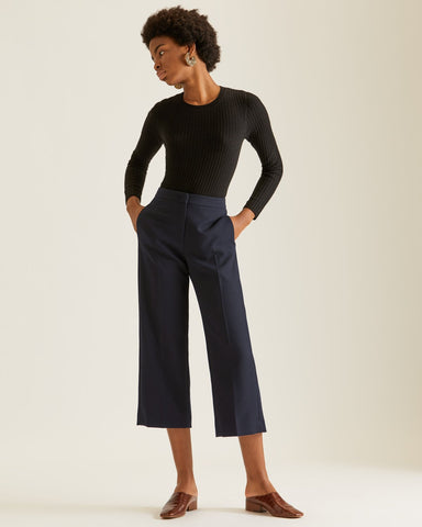 Navy  Elasticated Waist Wide Leg Cropped Trouser  WoolOvers UK