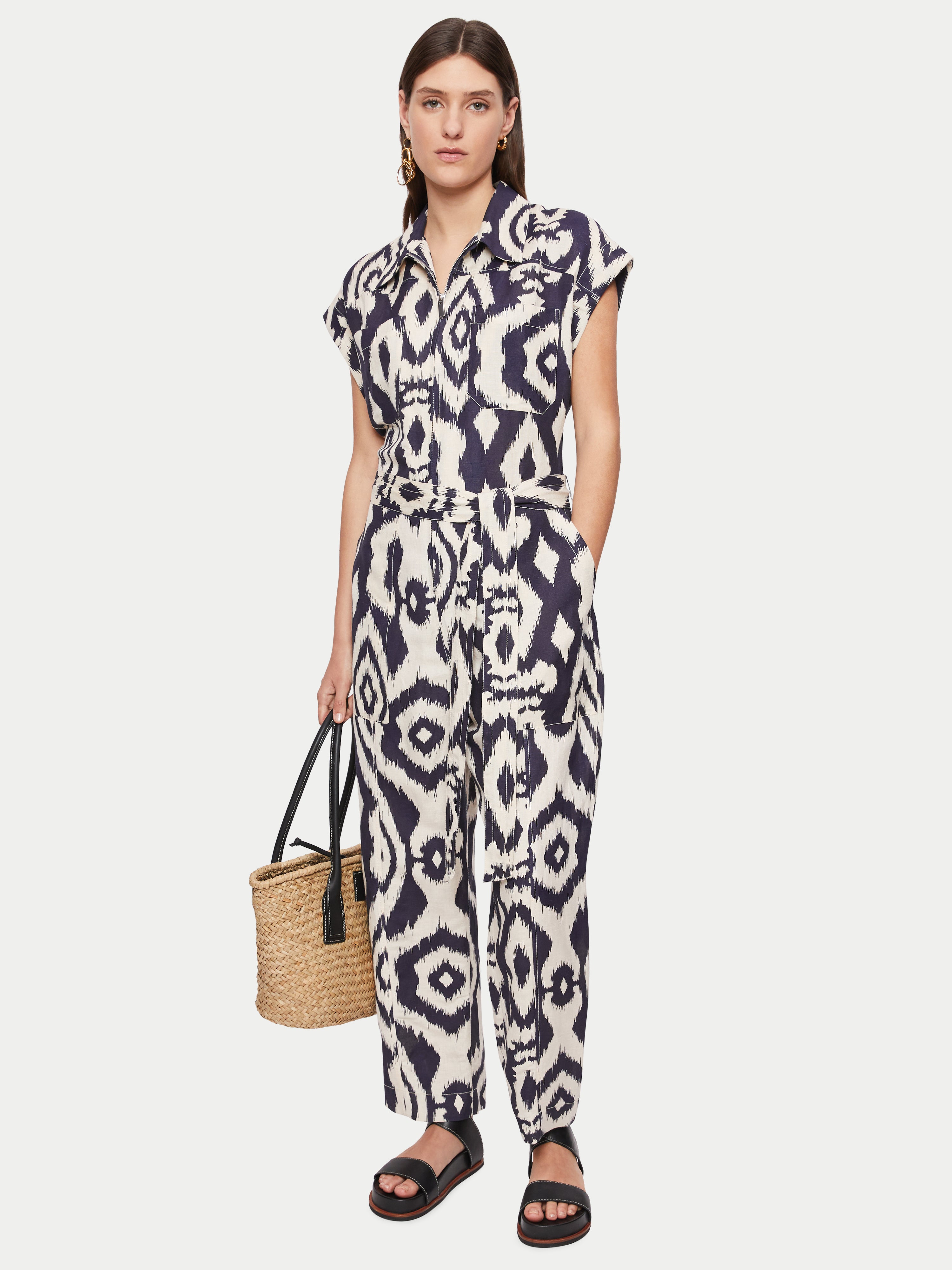 Linen Blend Ikat Jumpsuit | Navy – Jigsaw