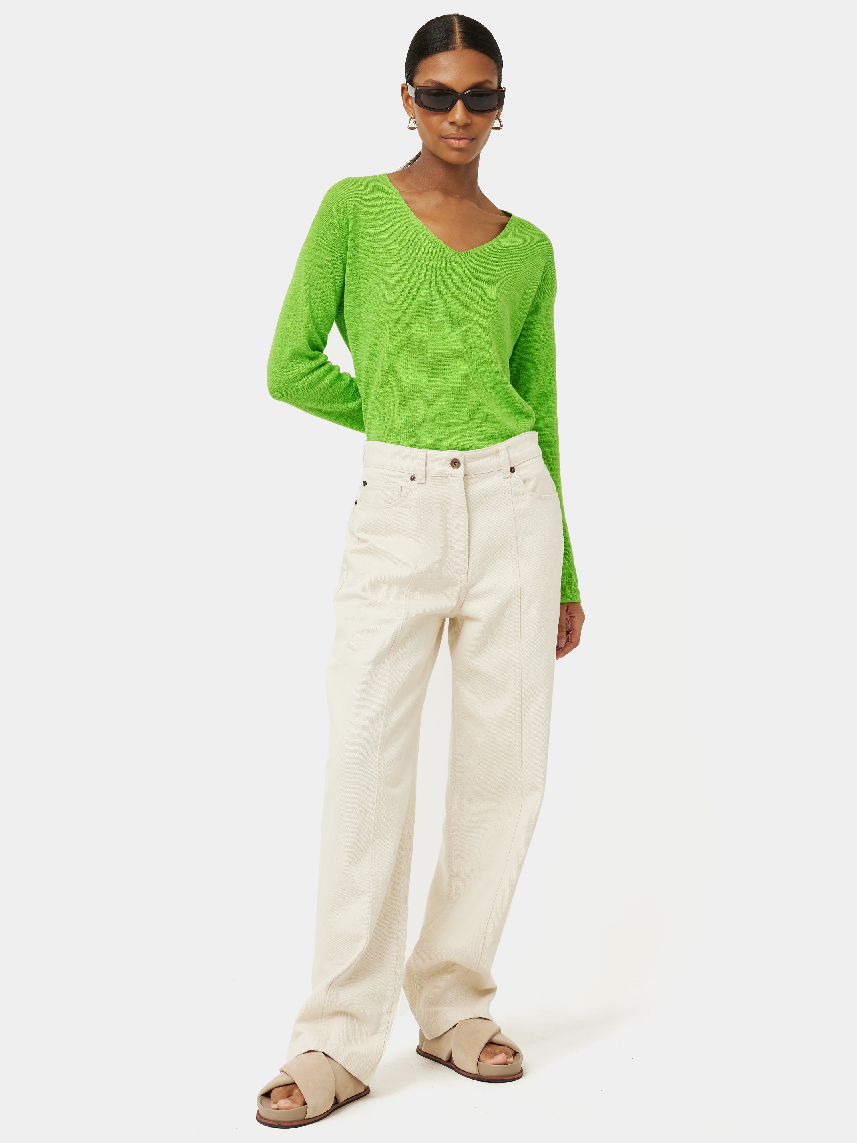Linen Cotton V Neck Jumper | Green – Jigsaw