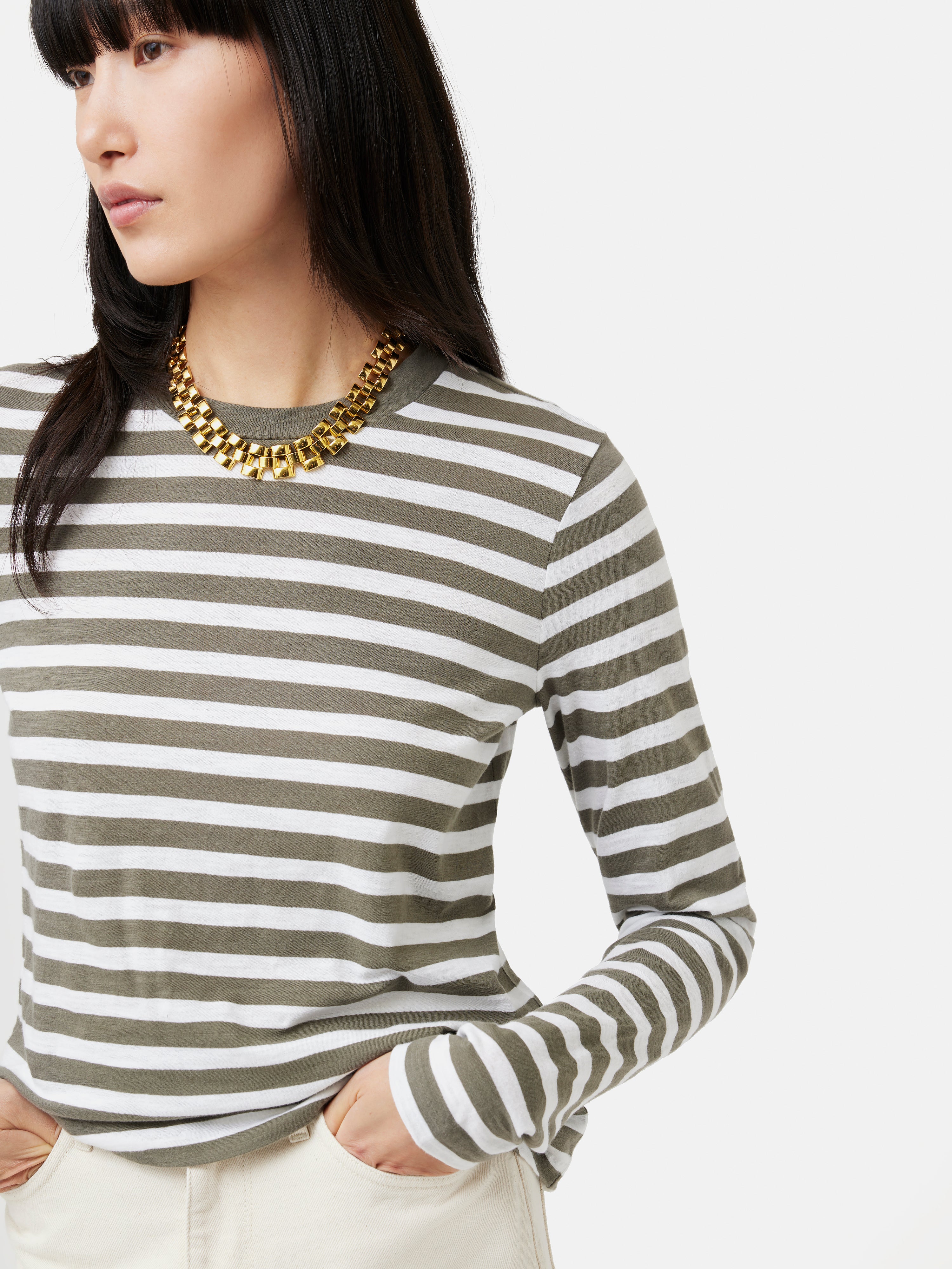 Cotton Slub Stripe Long Sleeve Tee Khaki Jigsaw 